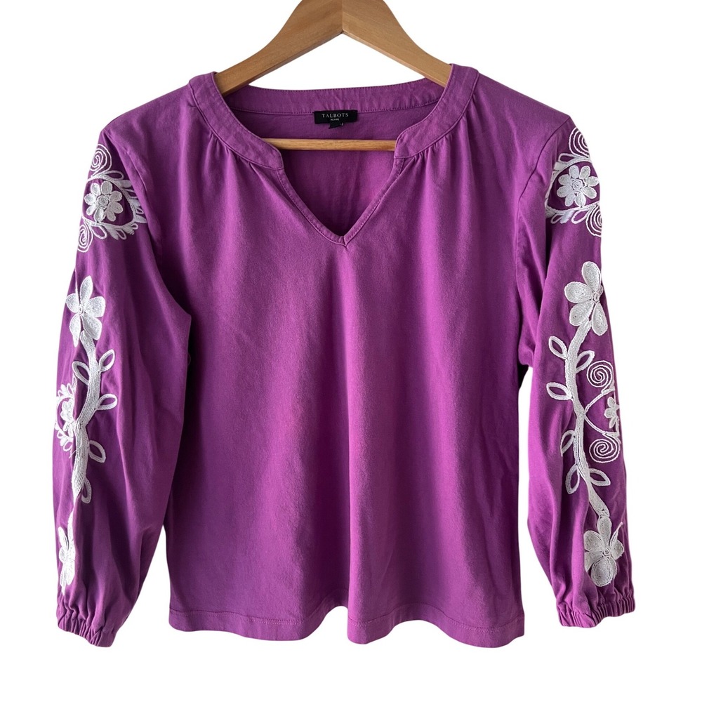 Talbots Petite Magenta Purple Embroidered Sleeve V-Neck LP Boho Floral Blouse